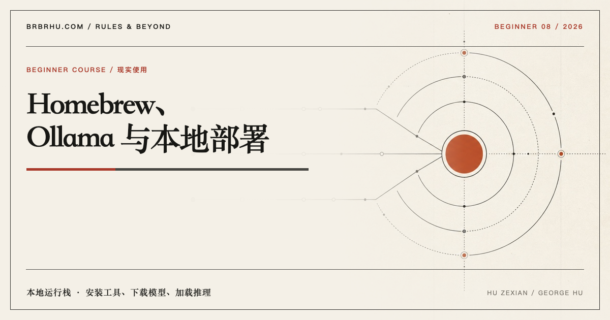 Homebrew、Ollama、模型文件和聊天界面组成四层本地运行栈的编辑视觉