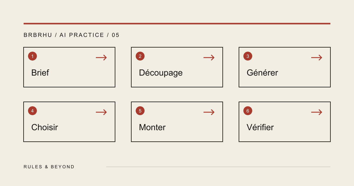 Une chaîne visuelle asynchrone où la rédaction continue pendant la génération, avant une validation humaine